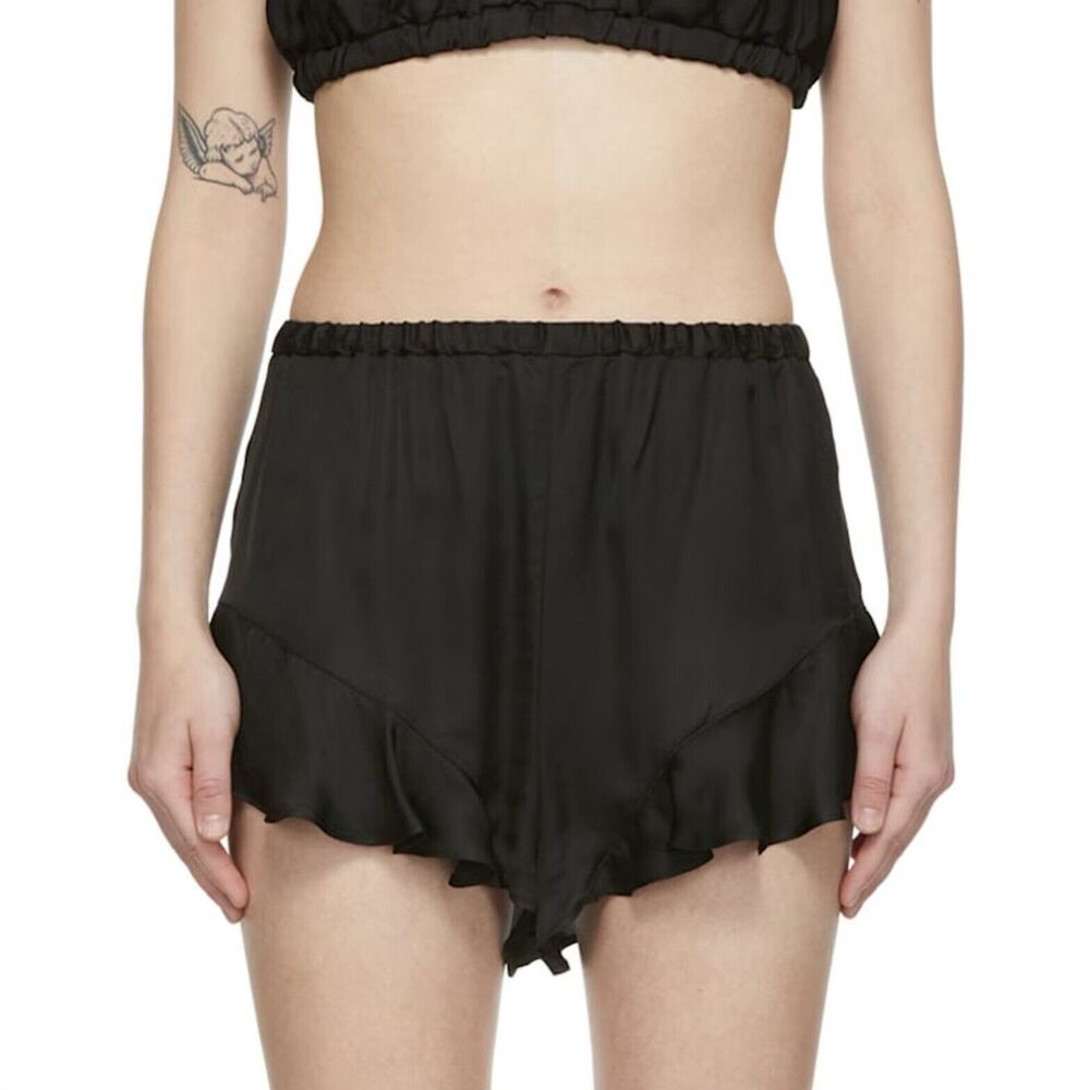 Determ NWT Satin Ruffle Shorts Women's 6 Black Pull On Elastic Waist Lounge